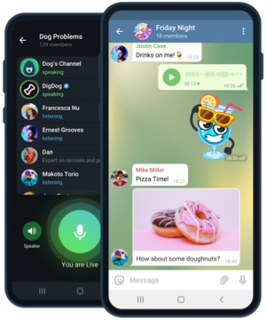 Telegram instalado no Android exibindo chat de voz em grupo e conversa com mídia