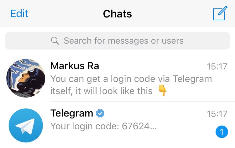 Código de verificação do Telegram exibido na lista de conversas