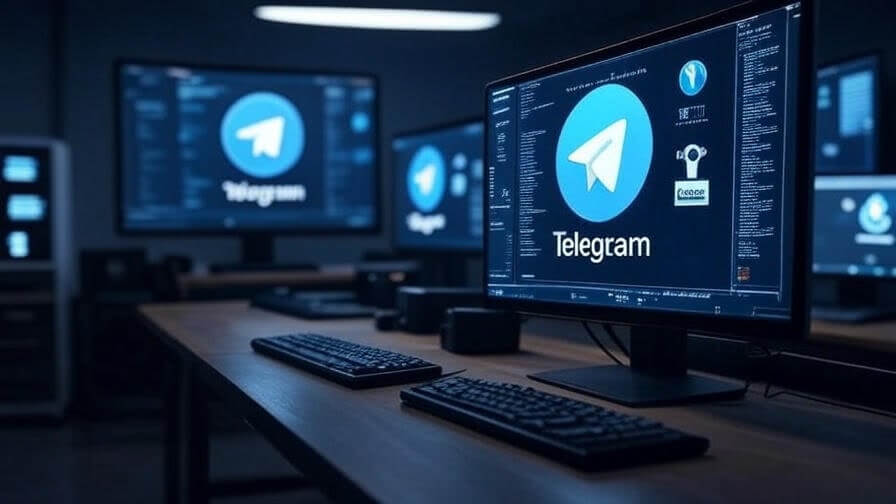 Telegram instalado em computadores de mesa em uma estação de trabalho com várias telas