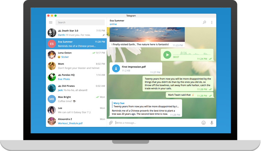 Telegram para Windows instalado, com lista de conversas, áudio e documento na tela